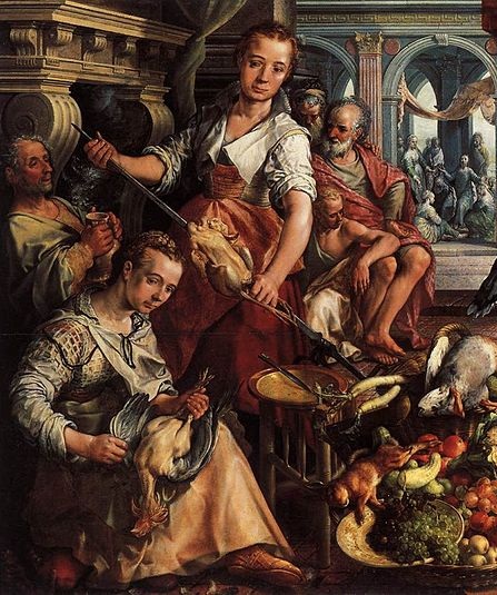 Kjøkkenscene med Jesus hos Martha og Maria i bakgrunnen, 1566. Joachim Beuckelaer. 