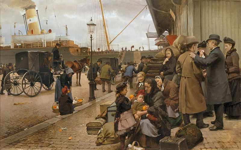 Eilif Pedersens "Udvandrere på Larsens Plads" fra 1890. Iscenesetter emmigrasjon fra Danmark.