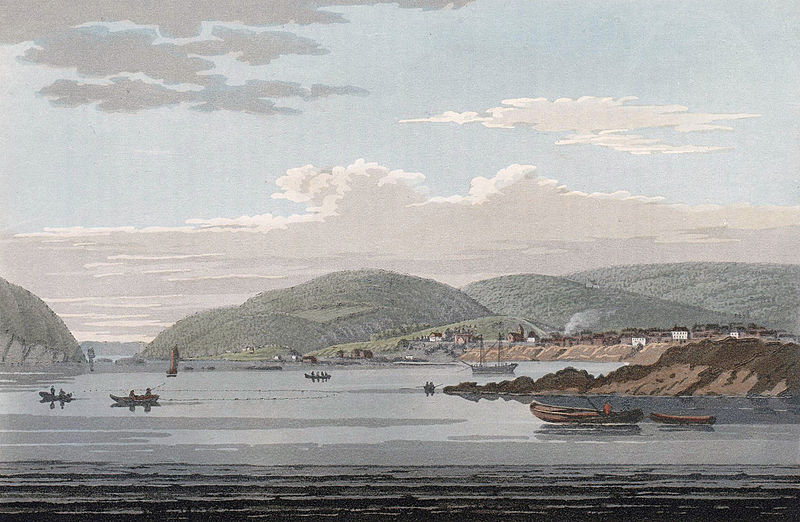 Drøbak ca. 1800. Her stoppet følget for å kjøpe brød. Plansje av William Edy i Boydell’s picturesque scenery of Norway, London 1820. Hentet fra Wikimedia commons.