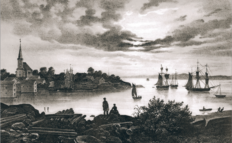 Larvik havn. Fra Christian Tønsberg: Norge fremstillet i Tegninger, Christiania 1848.