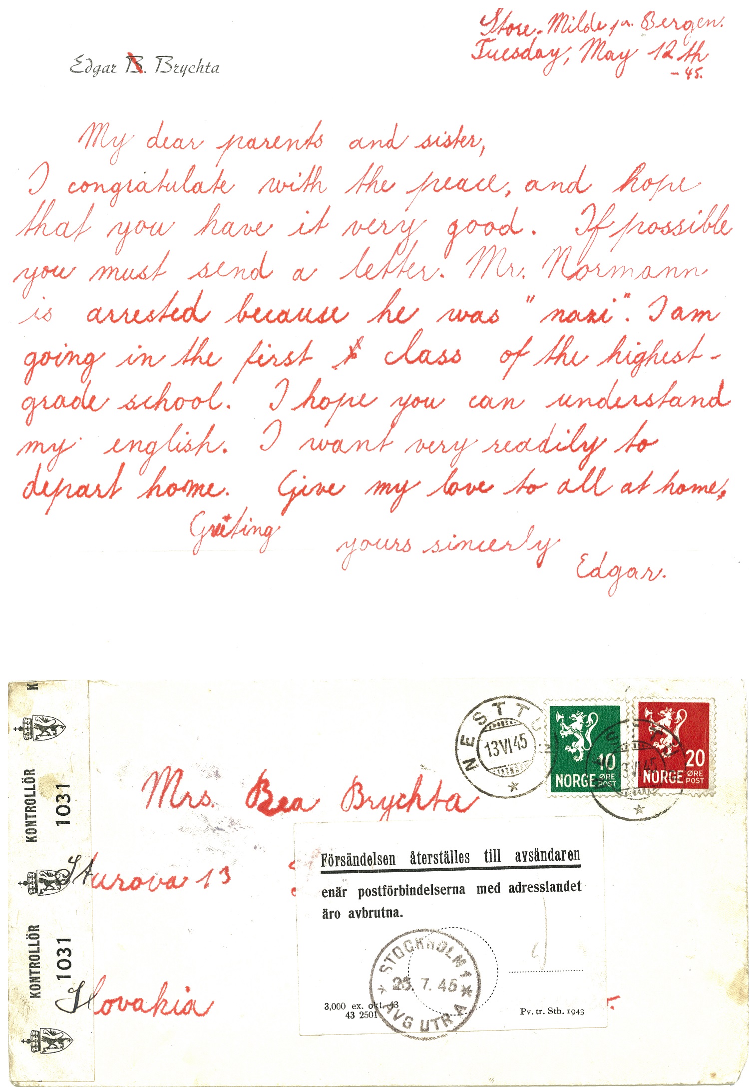 Brev: «My dear parents and sister». Brev fra Edgar Brichta til sine foreldre på engelsk, datert 12. mai 1945. Fra arkivet etter Edgar Brichta, HL-senteret
