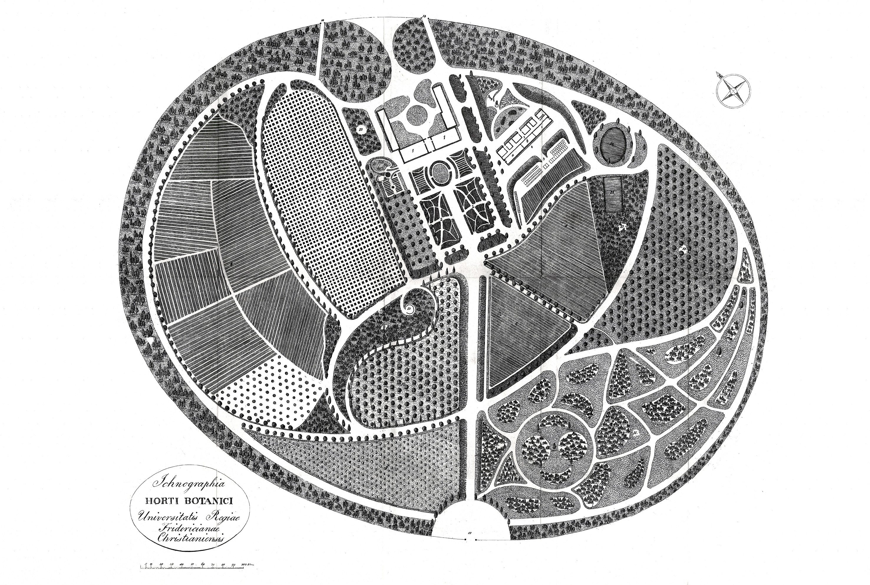 Kobberstikk av planen for Botanisk hages eldste del. Overgartner Johan Siebke fulgte denne planen da han anla Botanisk hage på Tøyen i årene 1814—18. Et stort areal i vest var satt av til forsøk med kulturplanter. Naturhistorisk museum, UiO