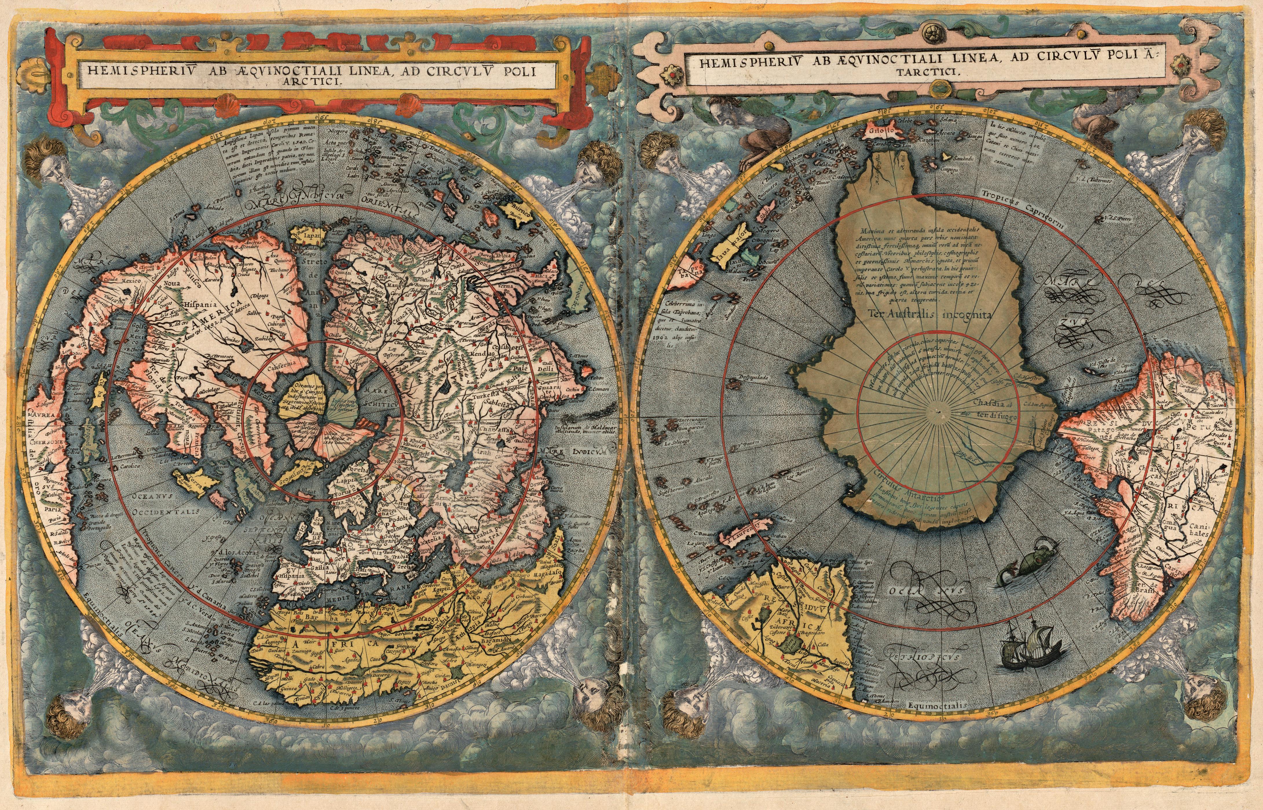 Cornelis de Jode: Hemisperium ab aequinoctiali linea, ad circulum poli antarctici, 1593. De Jodes verdenskart viser jorden i dobbelthemisfære i polarprojeksjon, dvs at den nordlige halvkule vises med Nordpolen i midten (til venstre) og den sørlige halvkule vises med Sydpolen i midten (til høyre). Bilde: Nasjonalbiblioteket 