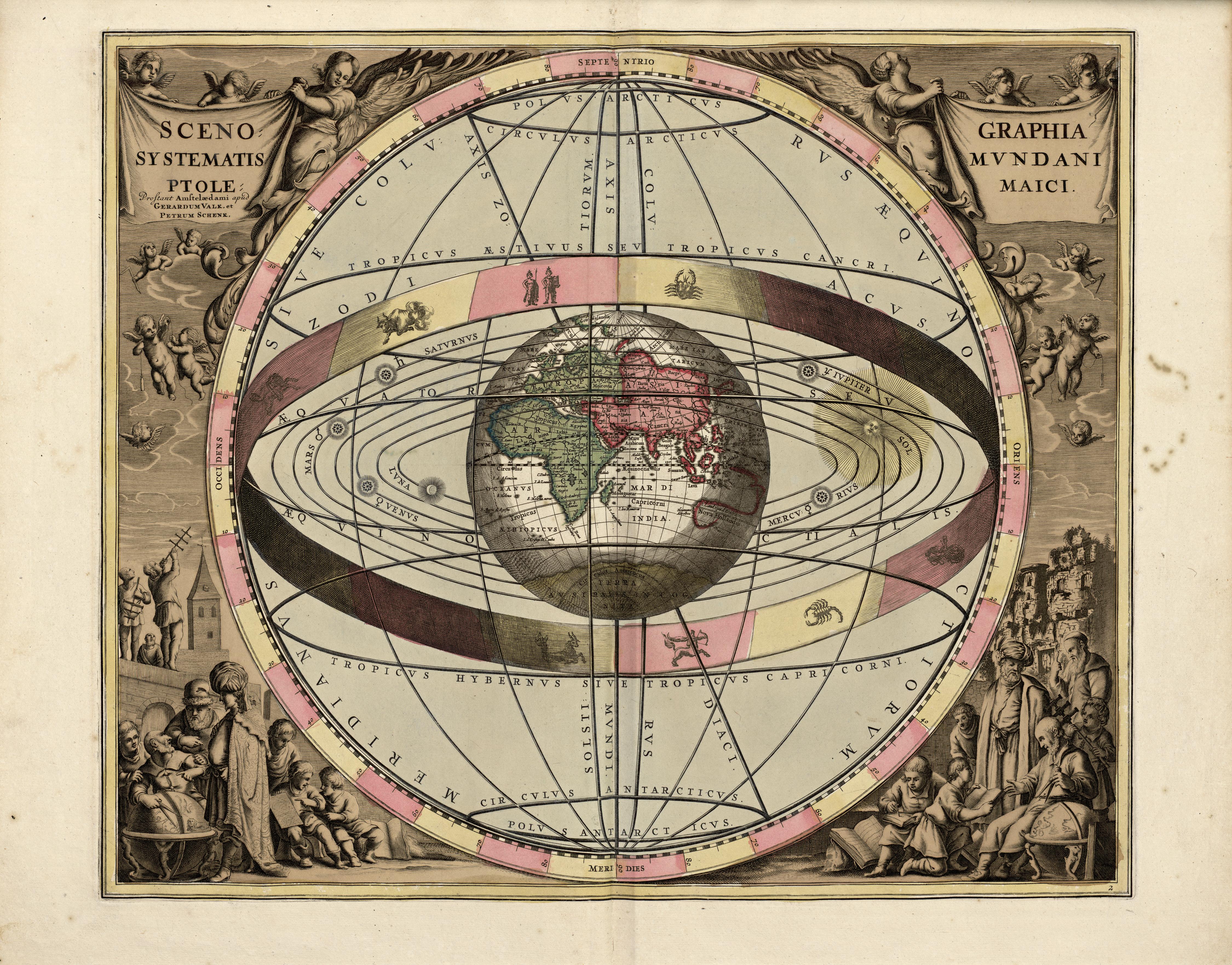 Andreas Cellarius: Scenographia Systematis Mundani Ptolemaici. Fra Valk & Schenks historiske stjerneatlas Harmonia macrocosmica, Amsterdam 1708. Plansje med det geosentriske verdensbildet. Dette ble tidligere ofte kalt det ptolemeiske system i motsetning til det kopernianske system som opererte med at solen var i midten. Bilde: Nasjonalbiblioteket 