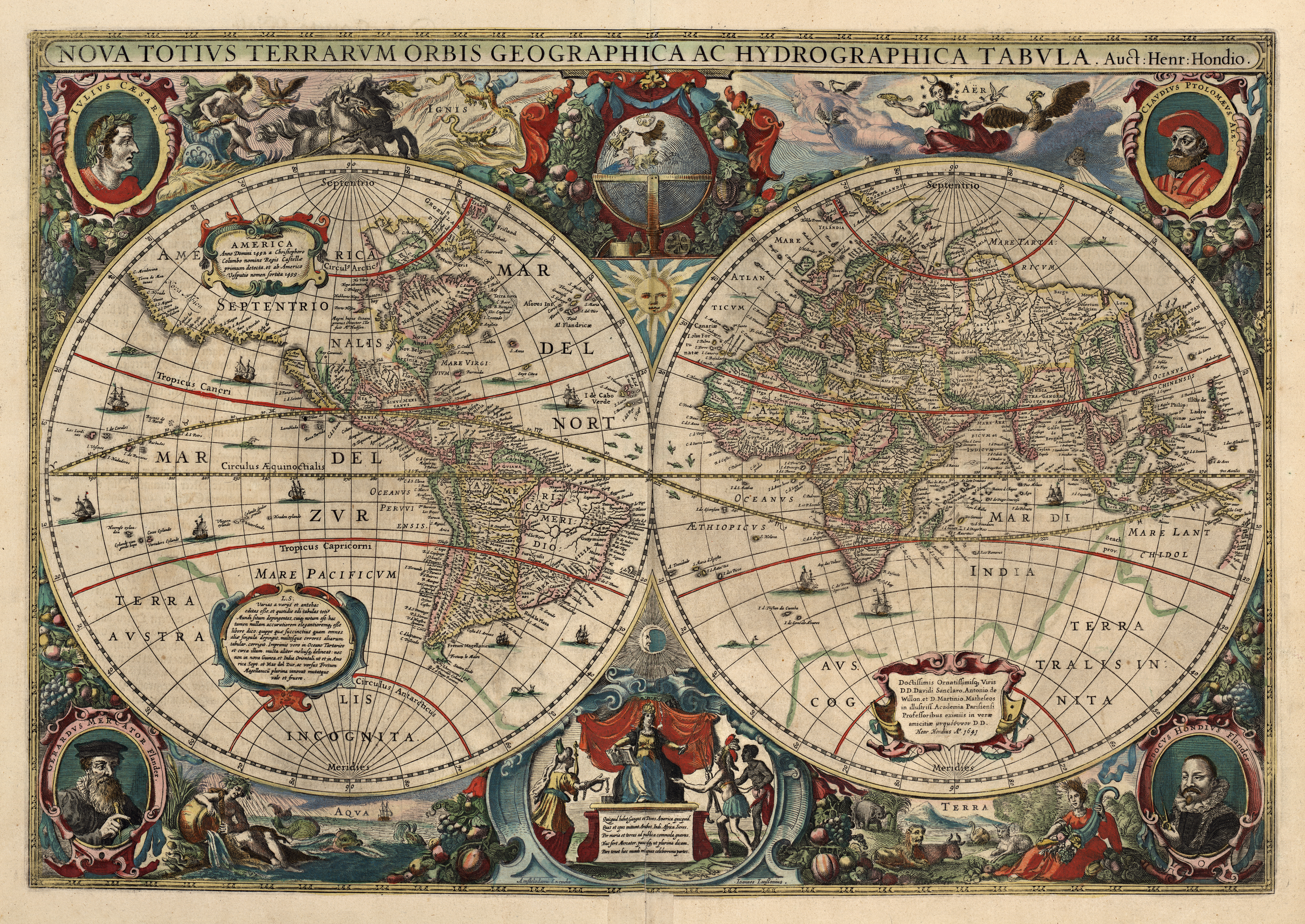 Jodocus Hondius: Nova Totius Terrarum orbis Geographica ac Hydrographica Tabula, 1641, i Jan Janssonius Novus atlas, Amsterdam, 1647-50. Den buede linjen er ekliptikken, og langs den er symbolene for stjernetegnene i zodiaken tegnet inn: Der ekliptikken krysser ekvator helt til venstre på den vestlige halvkule er vårjevndøgn markert med symbolet for værens tegn, og der ekliptikken krysser ekvator ved overgangen mellom vestlig og østlig halvkule er høstjevndøgn markert med symbolet for vektens tegn. Vendekretsene er de røde linjene nord og sør for ekvator. Disse tar utgangspunkt i sommersolverv markert med symbolet for krepsens tegn og i vintersolverv markert med symbolet for steinbukkens tegn. Bilde: Nasjonalbiblioteket 