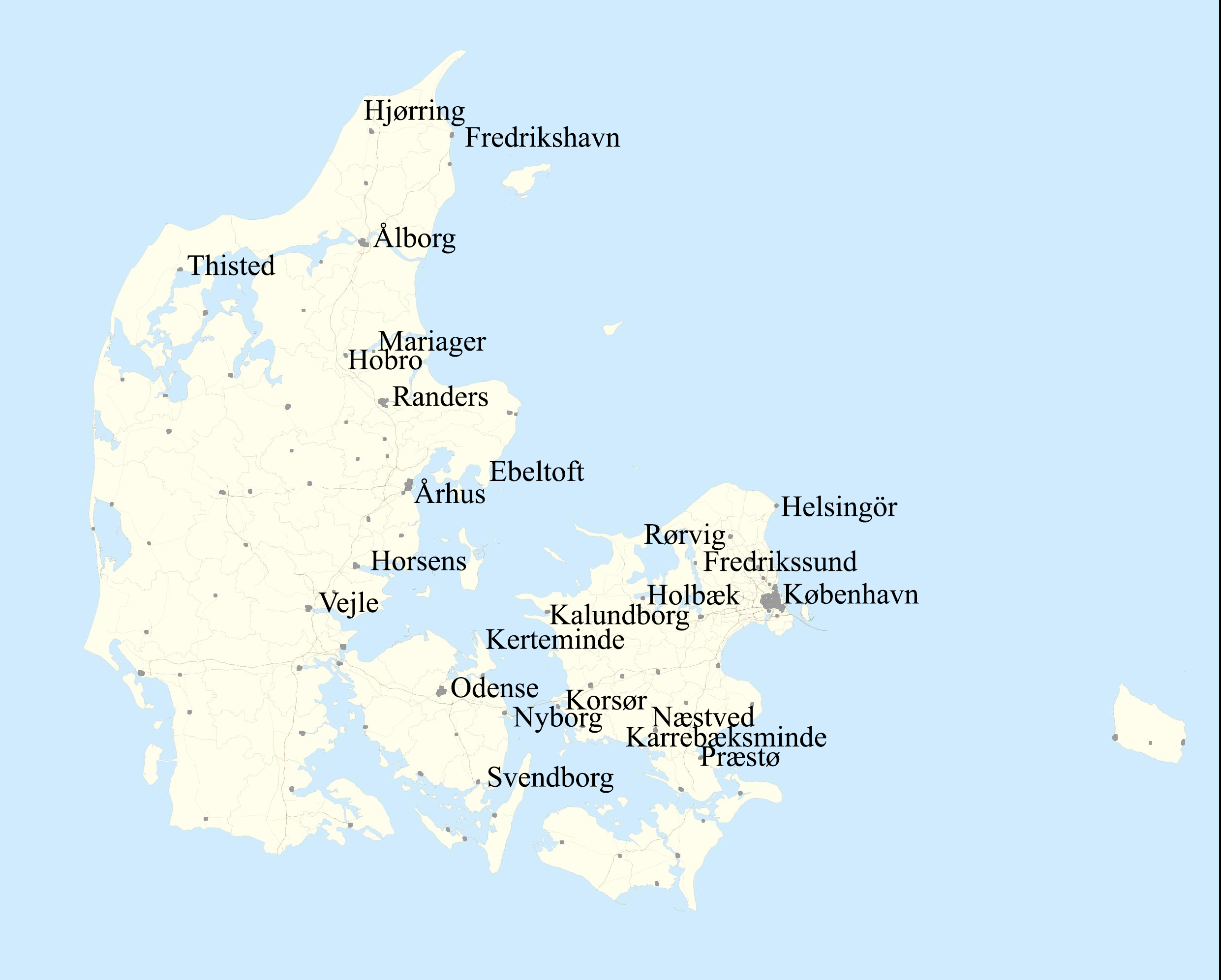 Bilde 4: Kart over de danske havnene nedenesskipperne har vært innom i løpet av årene 1782-1786. Kart: Nora Rodin/ Geodatastyrelsen