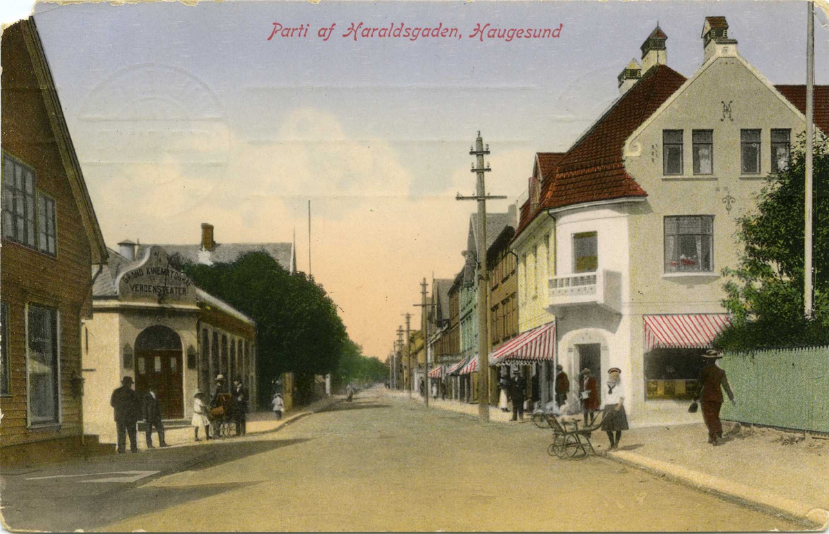 Kinoen preget bybildet. Her fra et postkort fra Haugesund i 1910. Foto: Ukjent. Postkortet eies at haugalandsmuseene. 